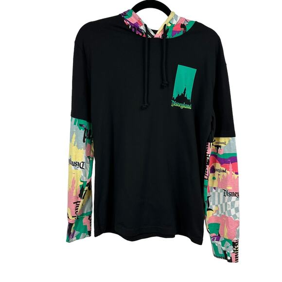 Disney Black Long-Sleeve Hooded Shirt with Colorful Print Sleeves – XS - Picture 1 of 7